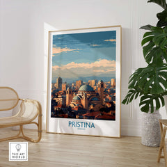 Pristina Kosovo City Skyline Art Print | Christ the Saviour Cathedral Poster in modern interior setting