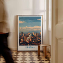 Pristina Kosovo City Skyline Art Print | Christ the Saviour Cathedral Poster displayed in a stylish interior setting.