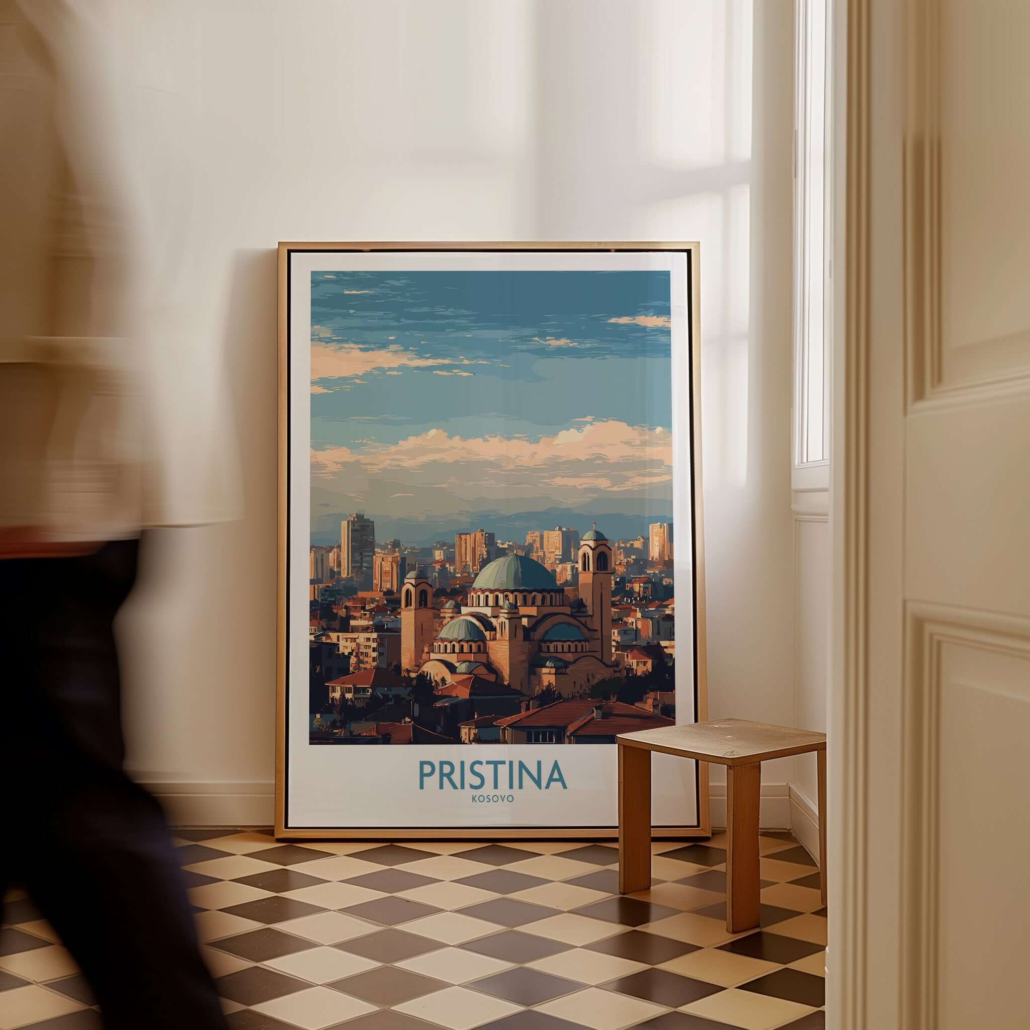Pristina Kosovo City Skyline Art Print | Christ the Saviour Cathedral Poster displayed in a stylish interior setting.