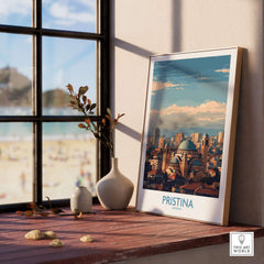 Pristina Kosovo City Skyline Art Print | Christ the Saviour Cathedral Poster displayed on a windowsill, highlighting Kosovo's beauty.