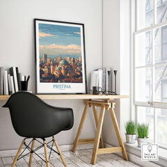 Pristina Kosovo City Skyline Art Print | Christ the Saviour Cathedral Poster displayed in a modern office setting.