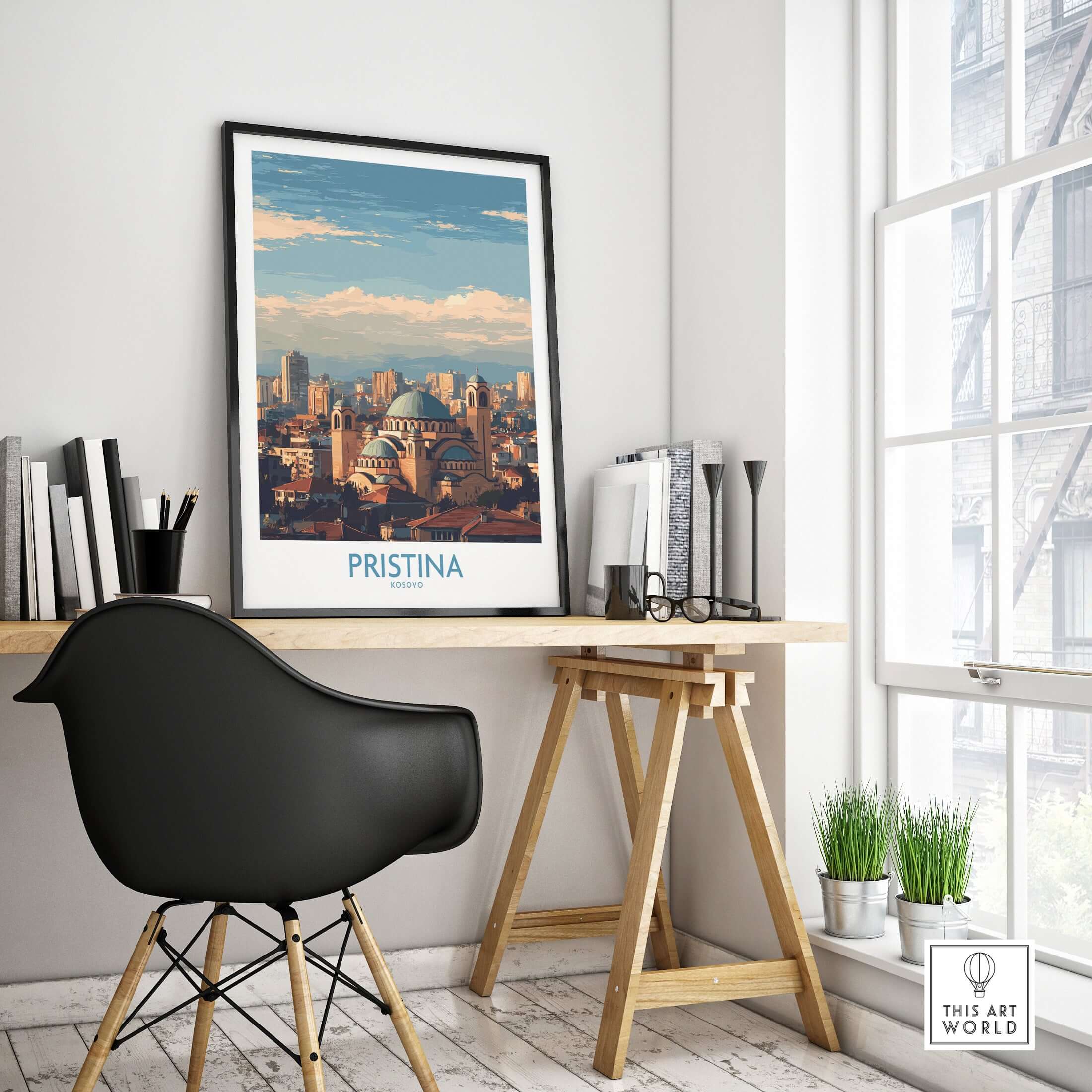 Pristina Kosovo City Skyline Art Print | Christ the Saviour Cathedral Poster displayed in a modern office setting.