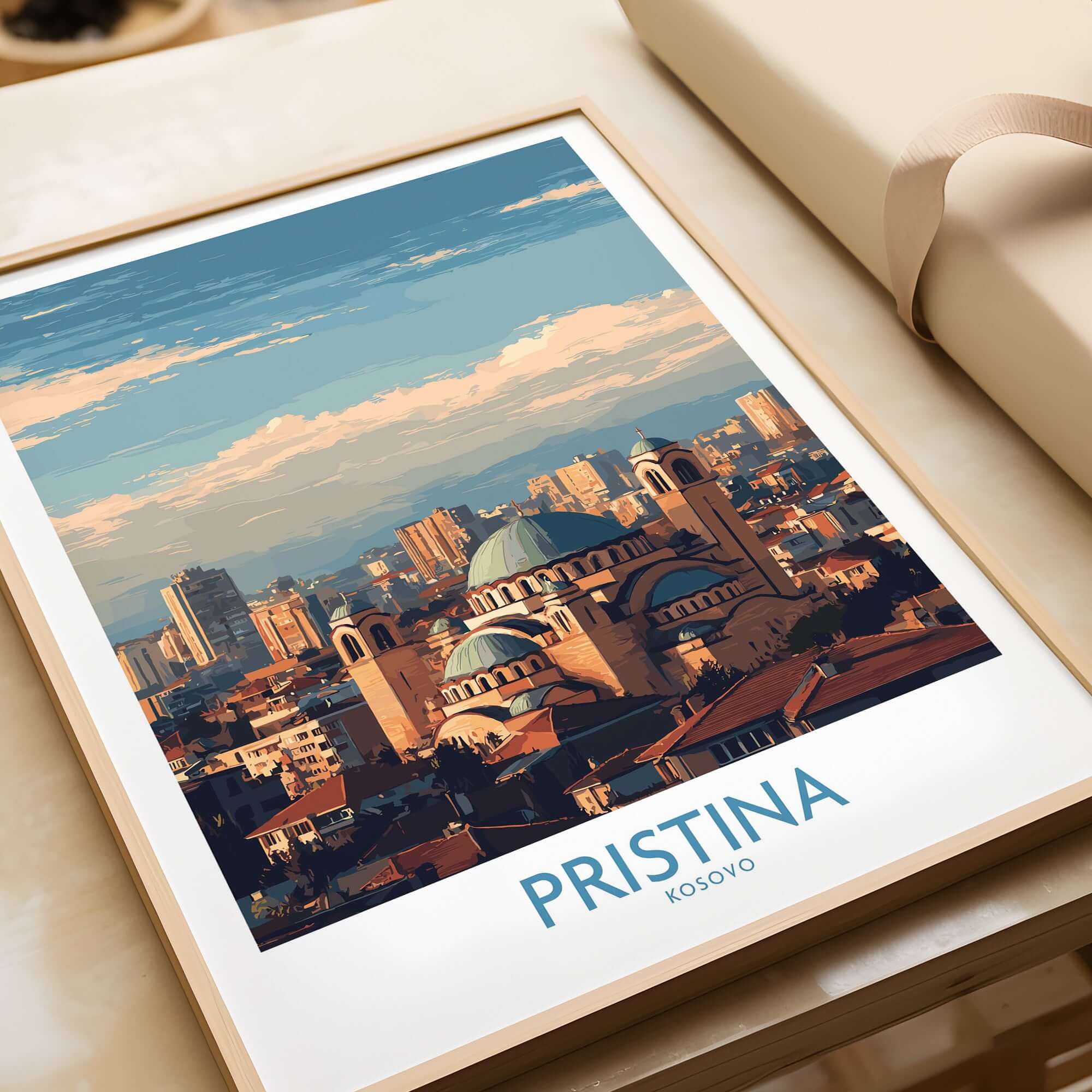 Pristina Kosovo City Skyline Art Print | Christ the Saviour Cathedral Poster in vibrant colors.