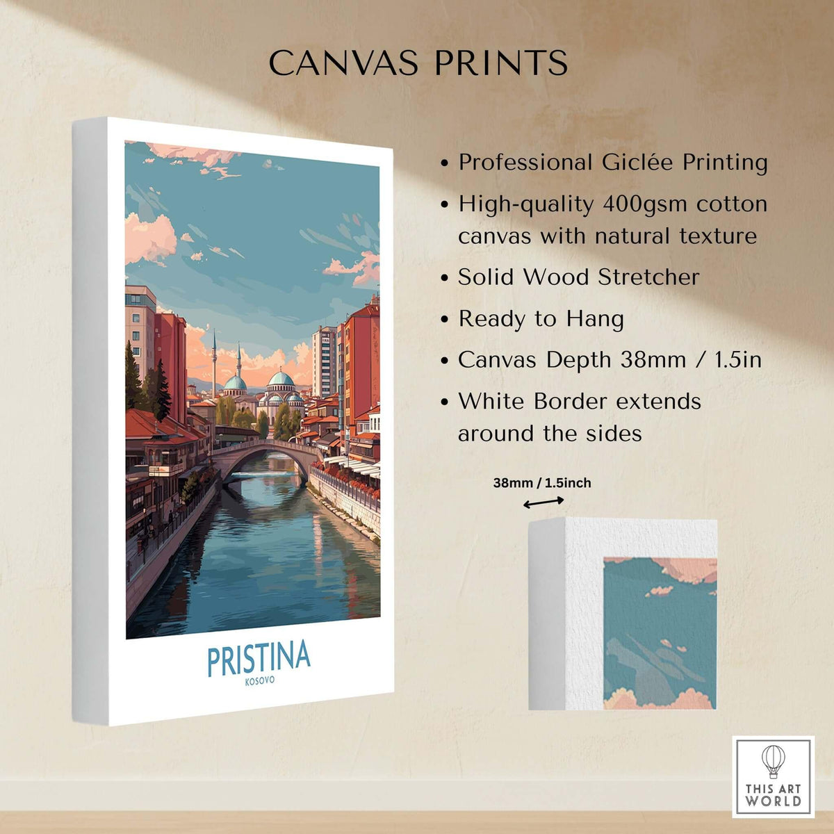Pristina Kosovo River View Art Print | Cityscape Poster with professional Giclée printing and natural texture on canvas.