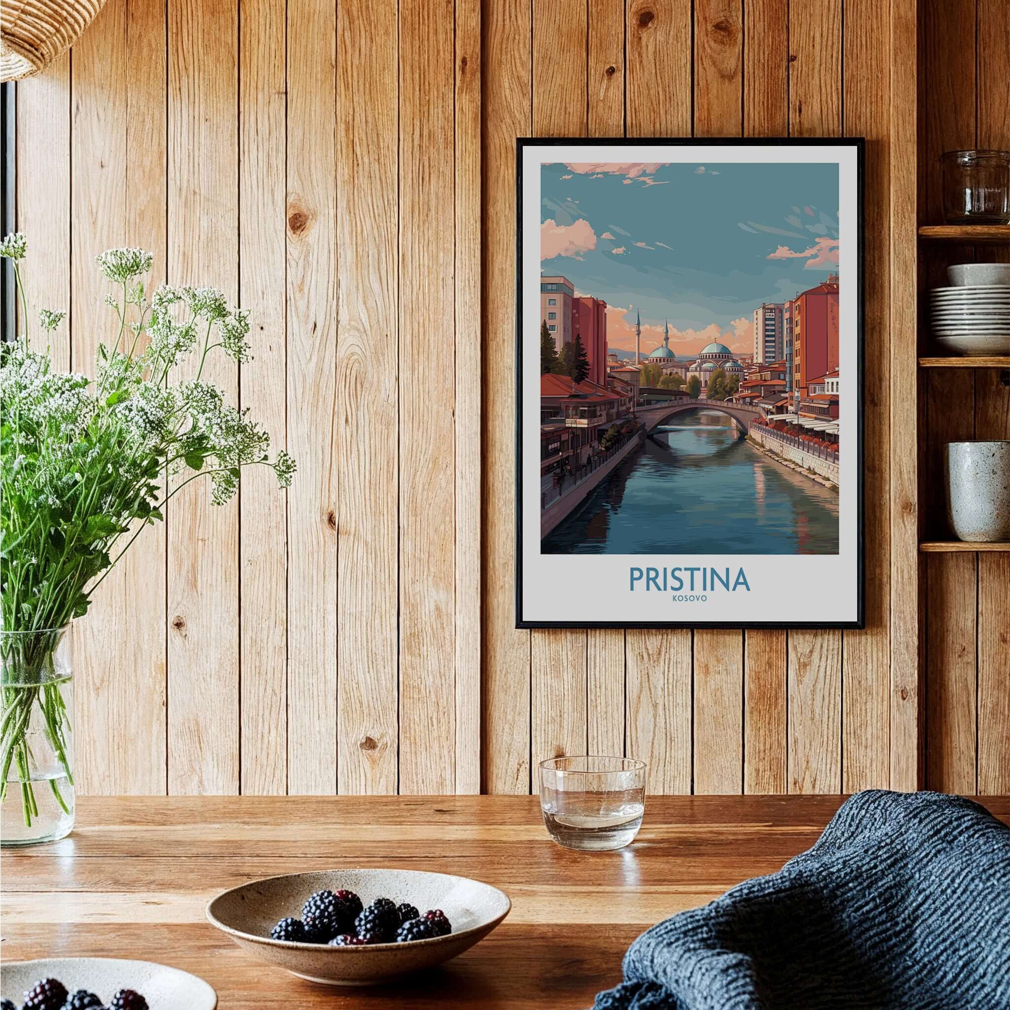 Pristina Kosovo River View Art Print | Cityscape Poster hanging in a modern decor setting with wooden walls.