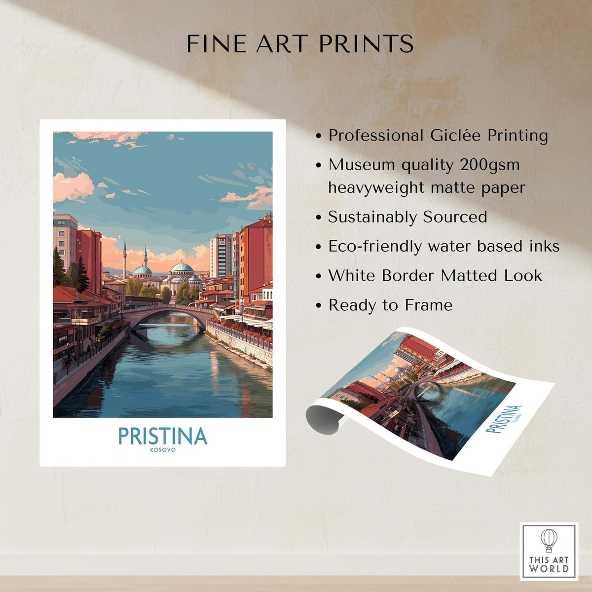 Pristina Kosovo River View Art Print | Cityscape Poster showcasing the capital's skyline and river.