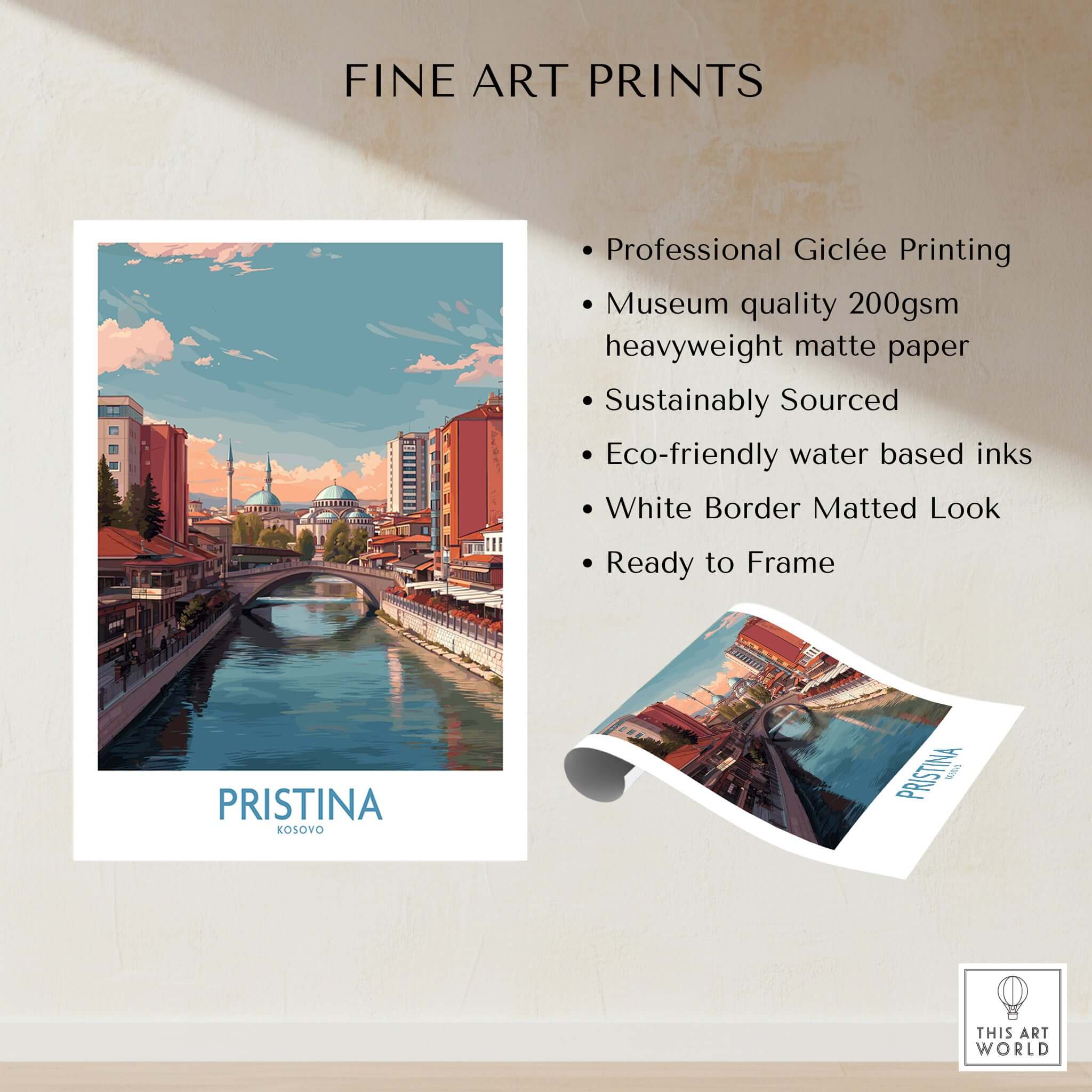 Pristina Kosovo River View Art Print | Cityscape Poster showcasing a vibrant river view and urban skyline.