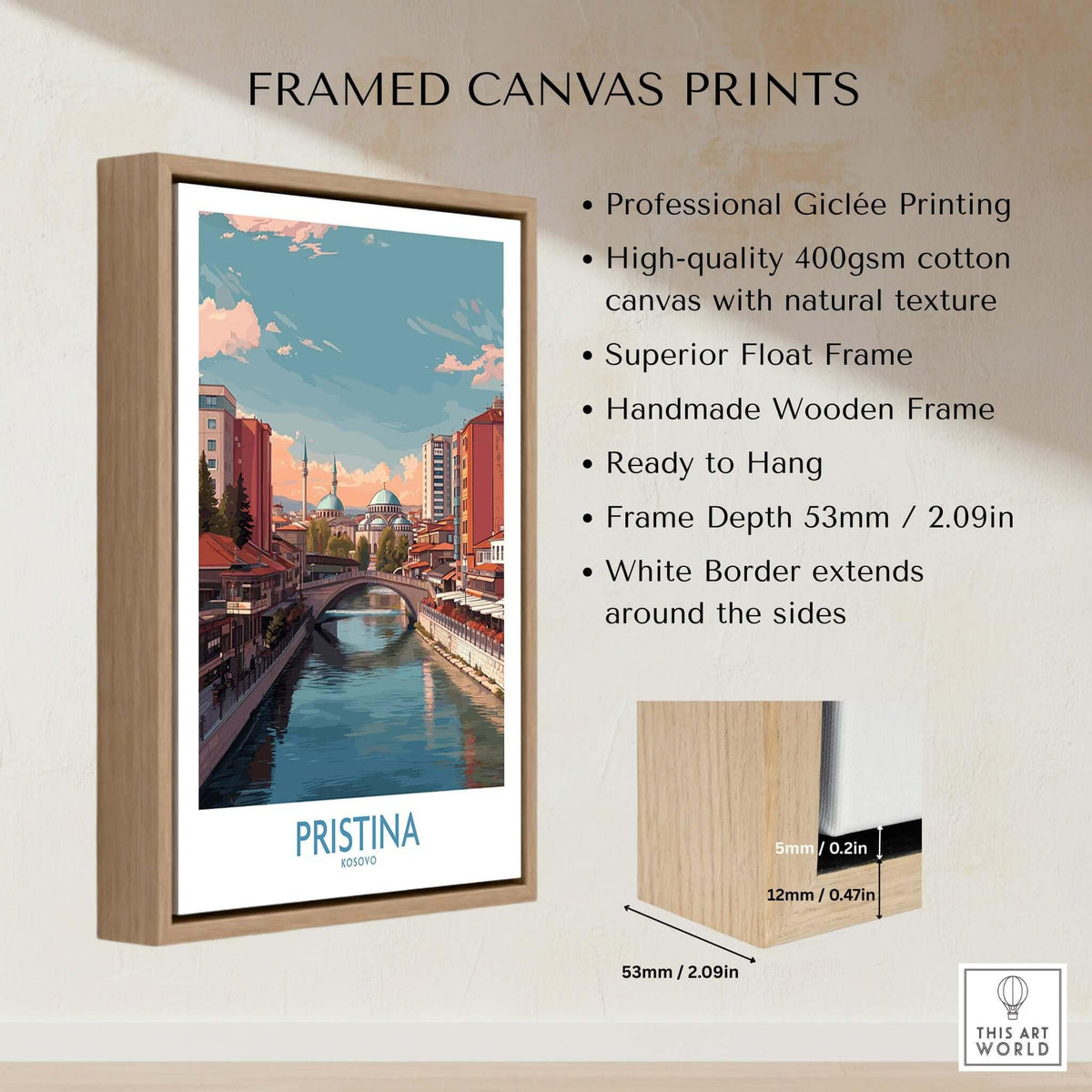 Pristina Kosovo River View Art Print | Cityscape Poster framed canvas print showcasing urban skyline and river.