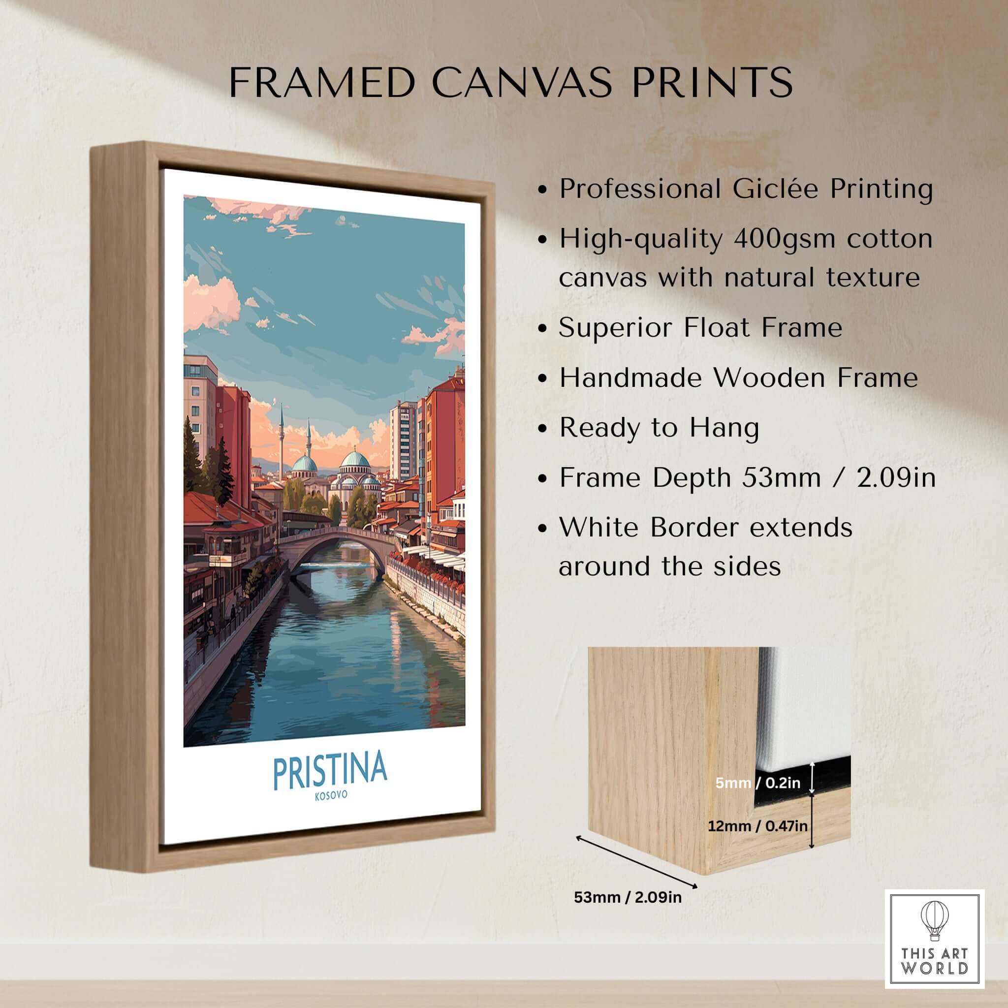 Pristina Kosovo River View Art Print | Cityscape Poster framed canvas print with wooden frame and vivid colors.