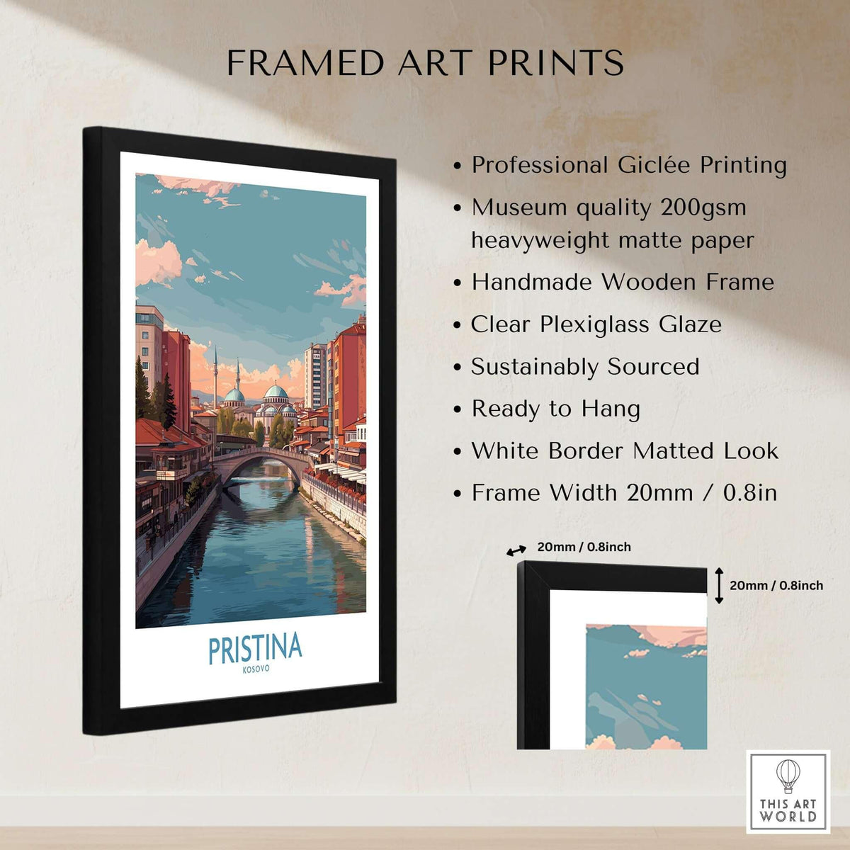 Pristina Kosovo River View Art Print | Cityscape Poster framed art print showcasing contemporary skyline and flowing waters.