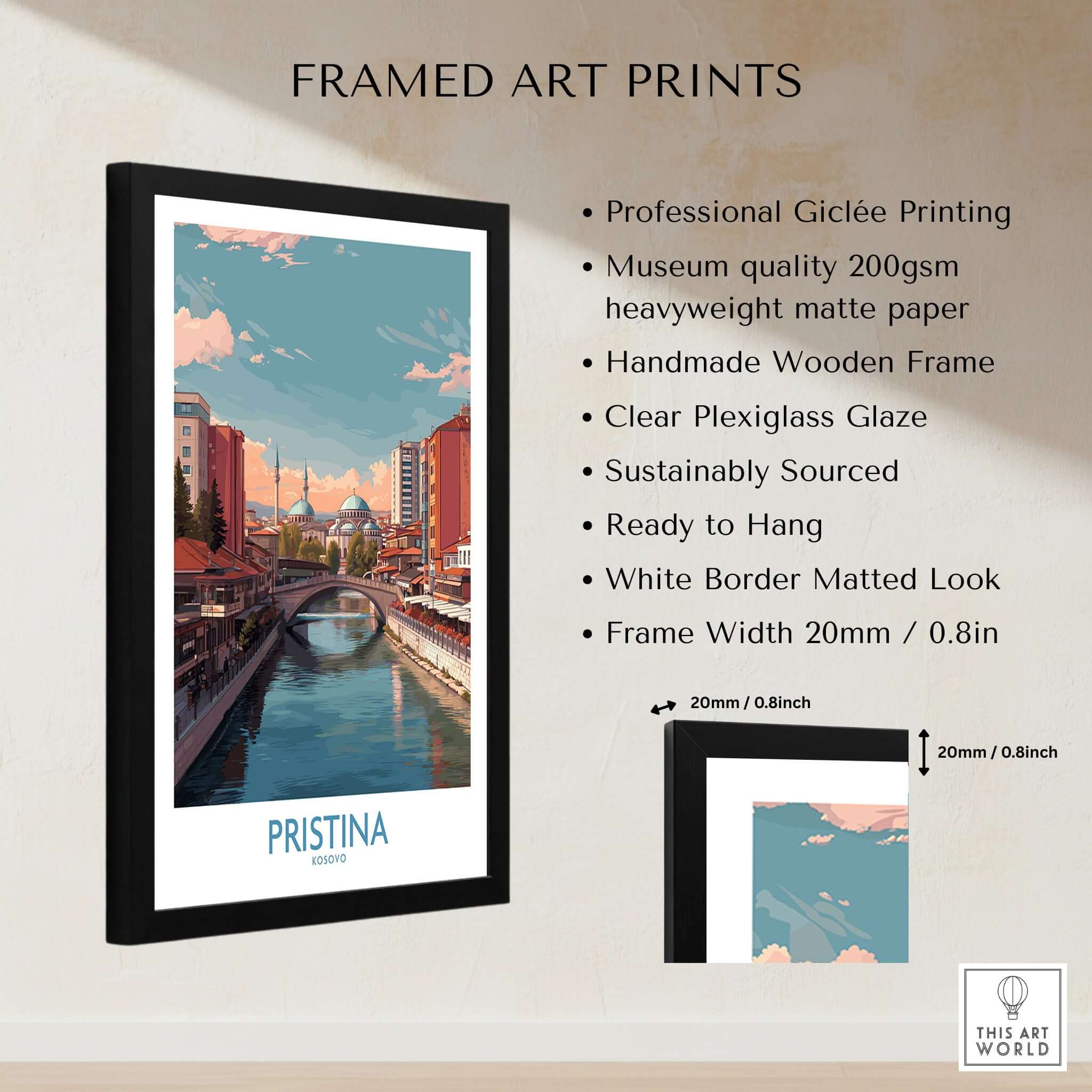 Pristina Kosovo River View Art Print | Cityscape Poster framed with professional Giclée printing and wooden frame details.