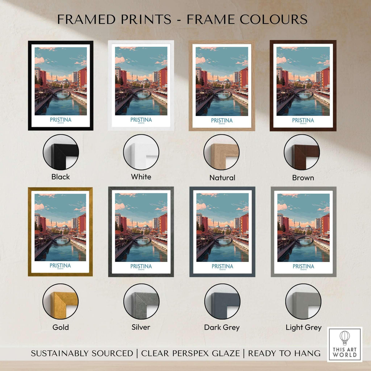 Pristina Kosovo River View Art Print | Cityscape Poster framed prints in various colors options including Black, White, Natural, Brown, Gold, Silver, Dark Grey, Light Grey.