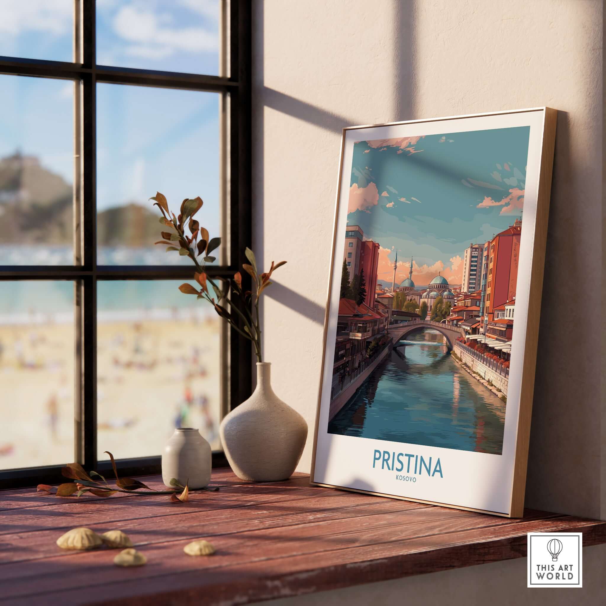 Pristina Kosovo River View Art Print | Cityscape Poster displayed in a bright room by a window.