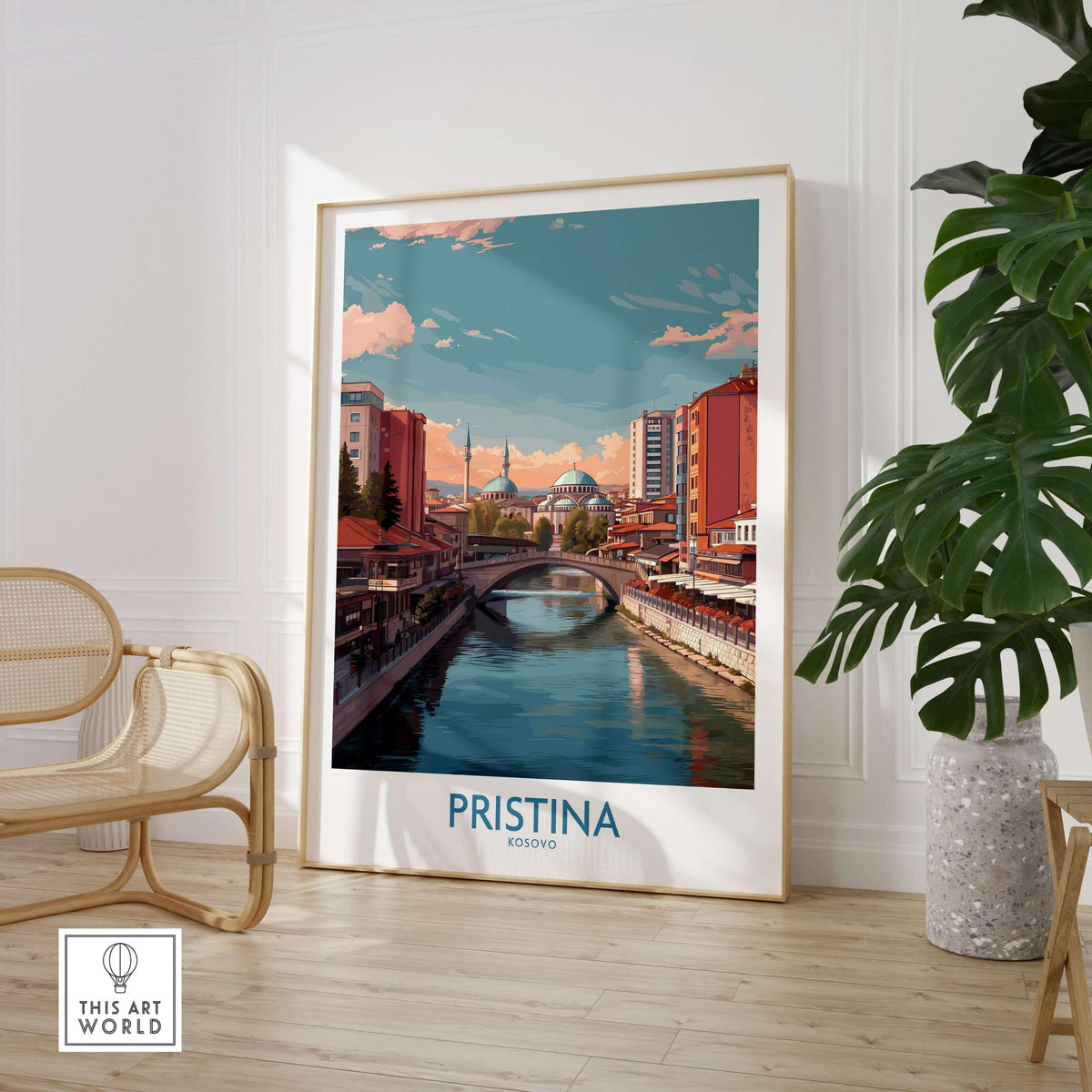 Pristina Kosovo River View Art Print | Cityscape Poster displayed in a modern interior setting with a scenic river view.
