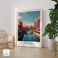 Pristina Kosovo River View Art Print | Cityscape Poster featuring a vibrant river view of Pristina's skyline.