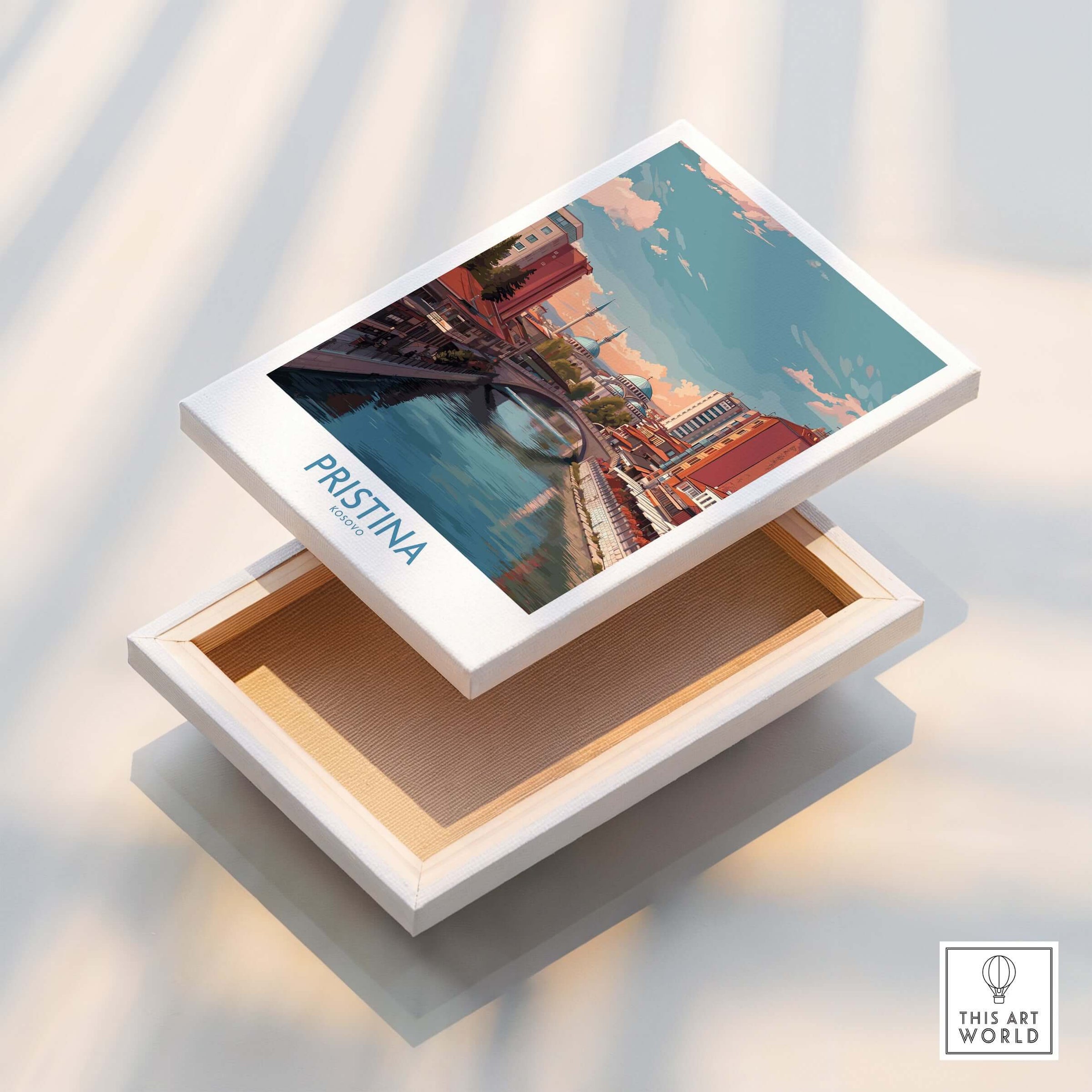 Pristina Kosovo River View Art Print | Cityscape Poster displayed on an open box showcasing urban art.
