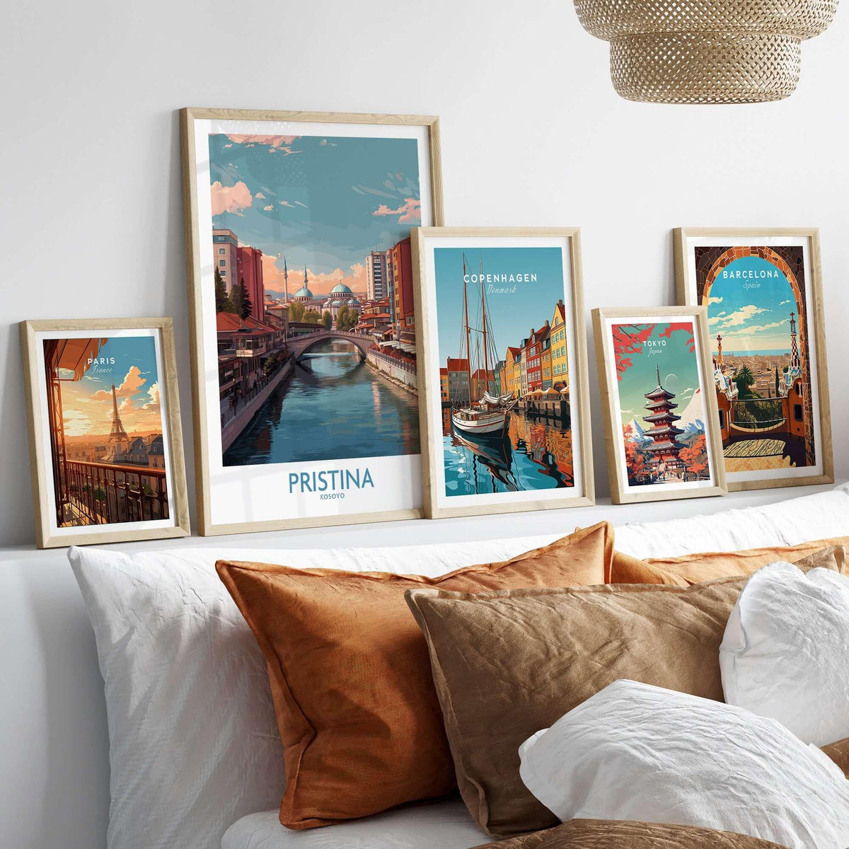Pristina Kosovo River View Art Print | Cityscape Poster collection displayed in stylish frames on a cozy sofa.
