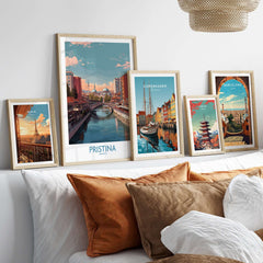 Pristina Kosovo River View Art Print | Cityscape Poster displayed in elegant frames on a stylish interior wall.