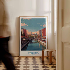 Pristina Kosovo River View Art Print | Cityscape Poster displayed in a stylish interior setting.