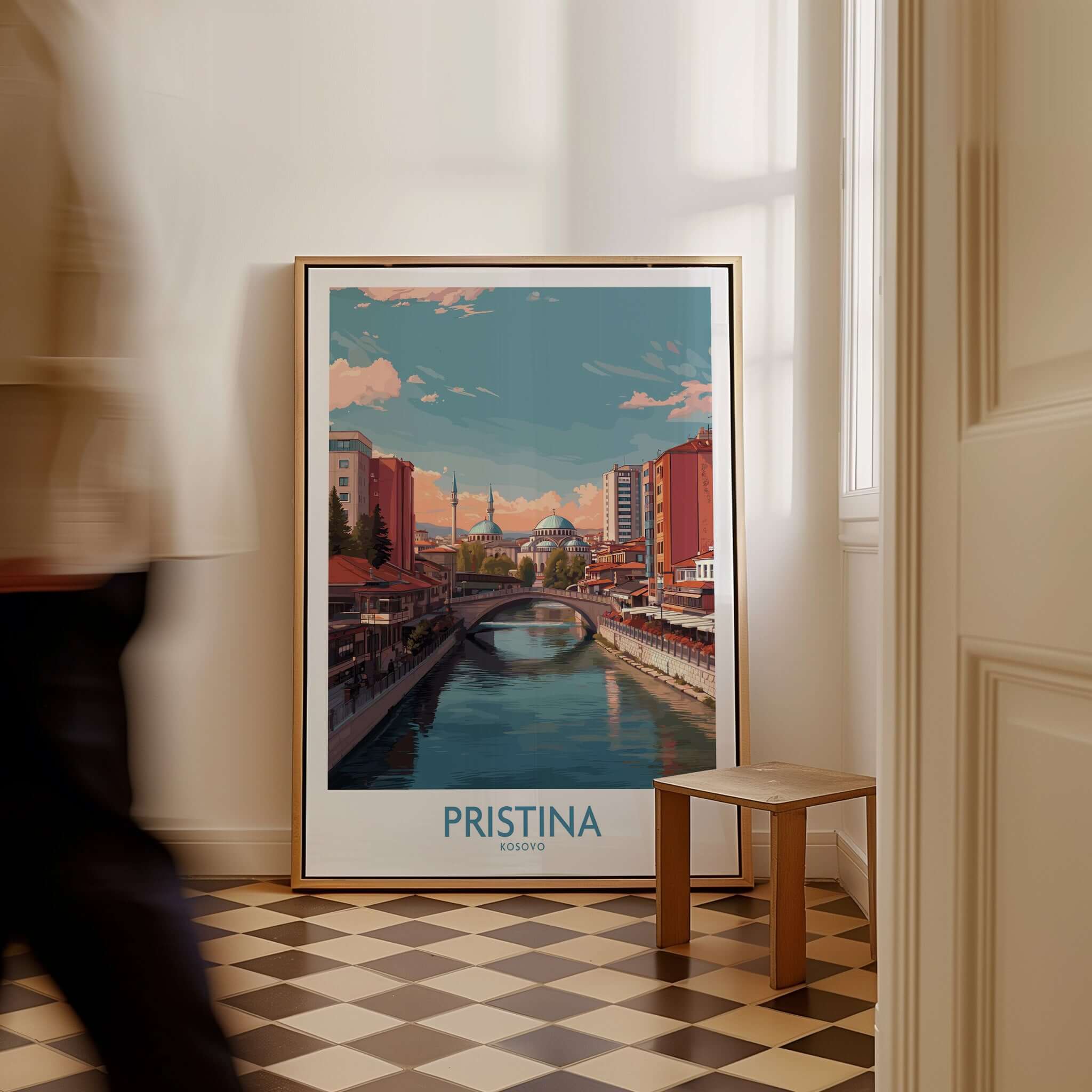Pristina Kosovo River View Art Print | Cityscape Poster displayed in a stylish interior setting.
