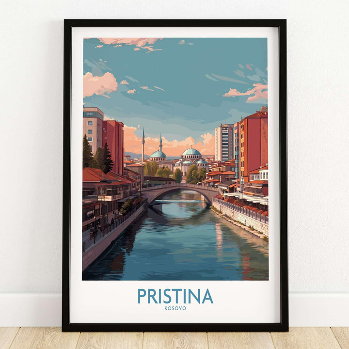 Pristina Kosovo River View Art Print |  Cityscape Poster showcasing vibrant urban skyline and river reflection.