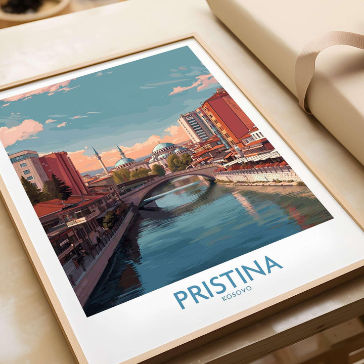 Pristina Kosovo River View Art Print | Cityscape Poster showcasing modern skyline and river reflection.