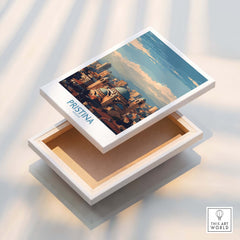 Pristina Kosovo City Skyline Art Print | Christ the Saviour Cathedral Poster displayed on a wooden box.