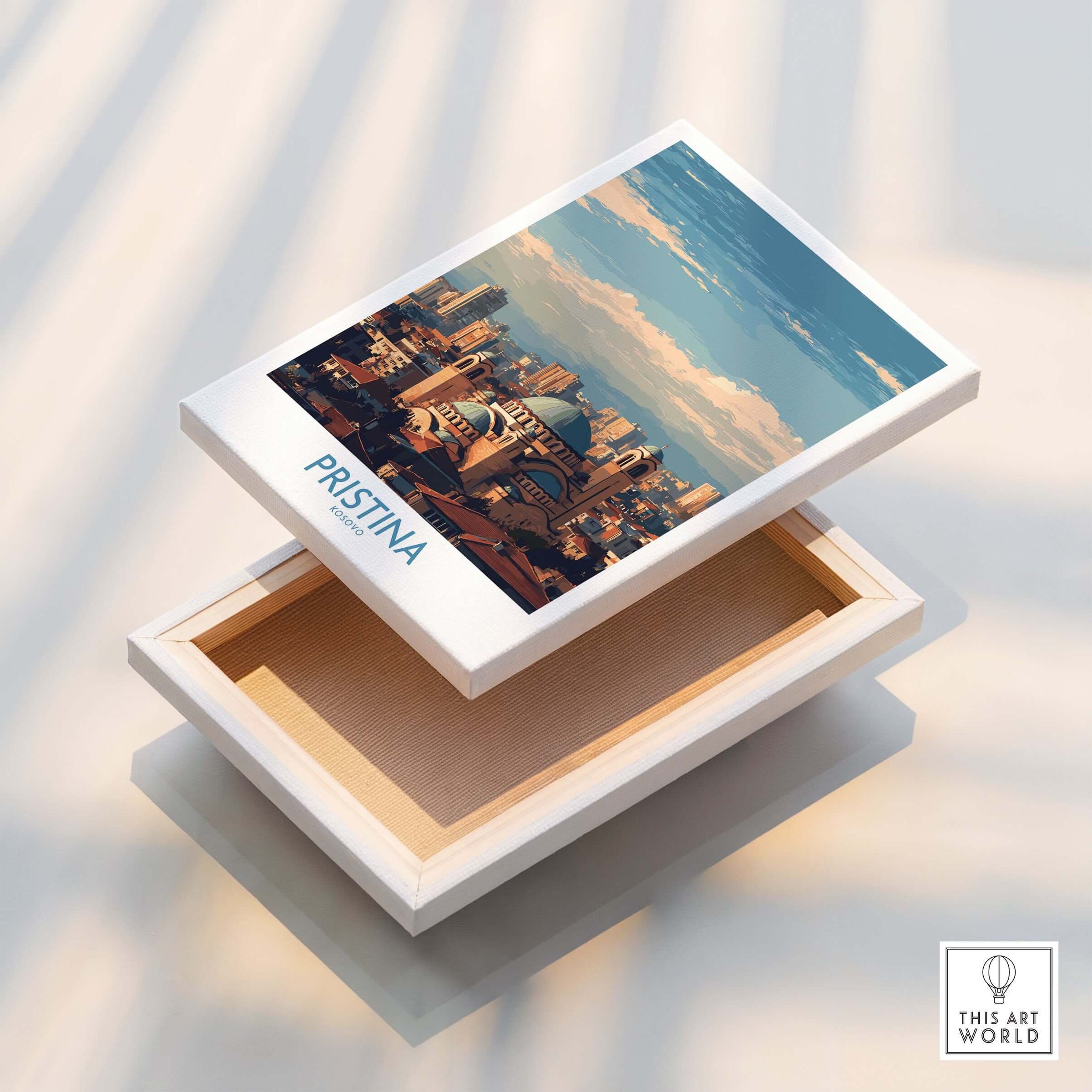 Pristina Kosovo City Skyline Art Print | Christ the Saviour Cathedral Poster displayed on a wooden box.