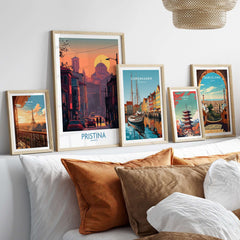 Pristina Kosovo Street Sunset Art Print | Christ the Saviour Church Poster displayed on a stylish wall.