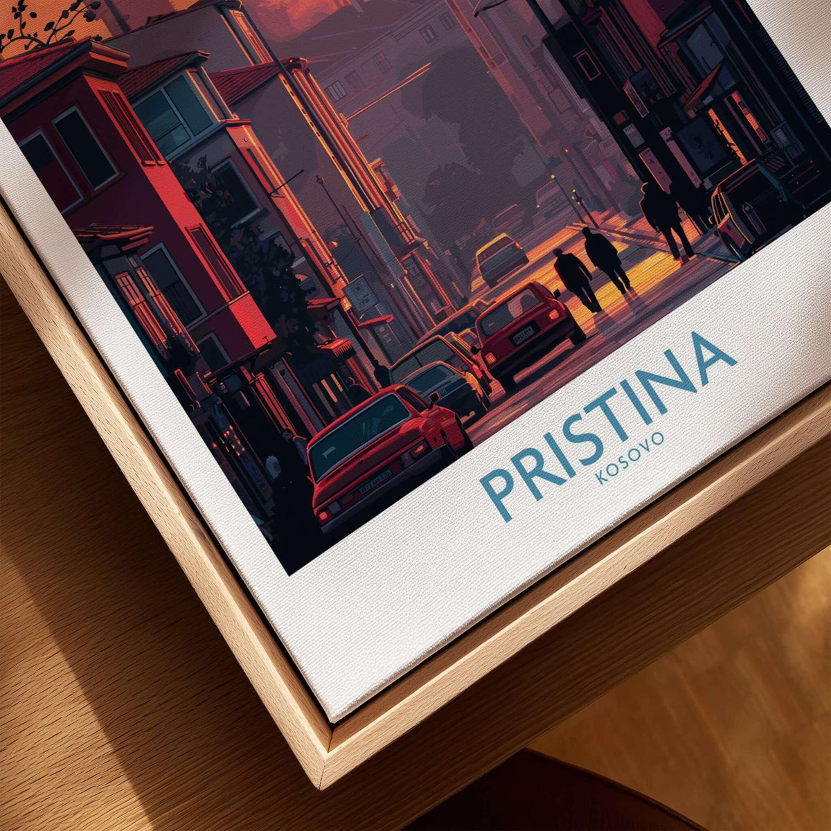 Pristina Kosovo Street Sunset Art Print | Christ the Saviour Church Poster displayed in a wooden frame on a table.