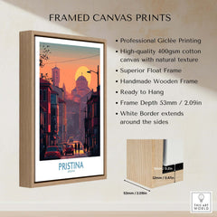 Pristina Kosovo Street Sunset Art Print | Christ the Saviour Church Poster in a stylish wooden frame.