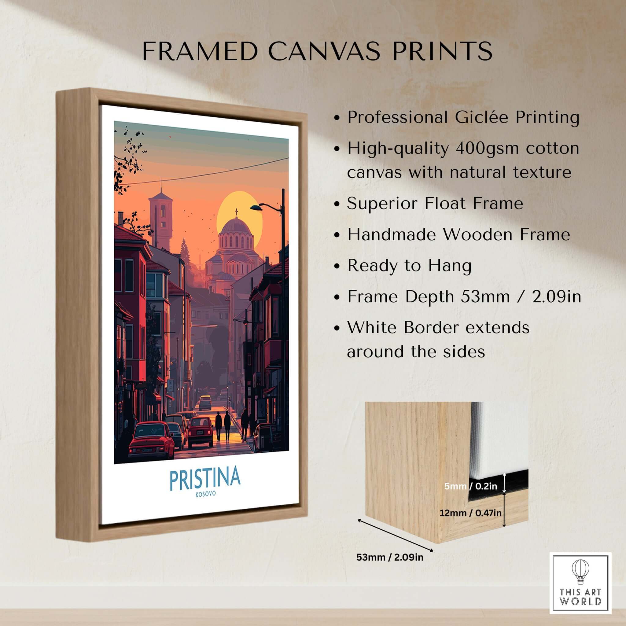 Pristina Kosovo Street Sunset Art Print | Christ the Saviour Church Poster in a stylish wooden frame.