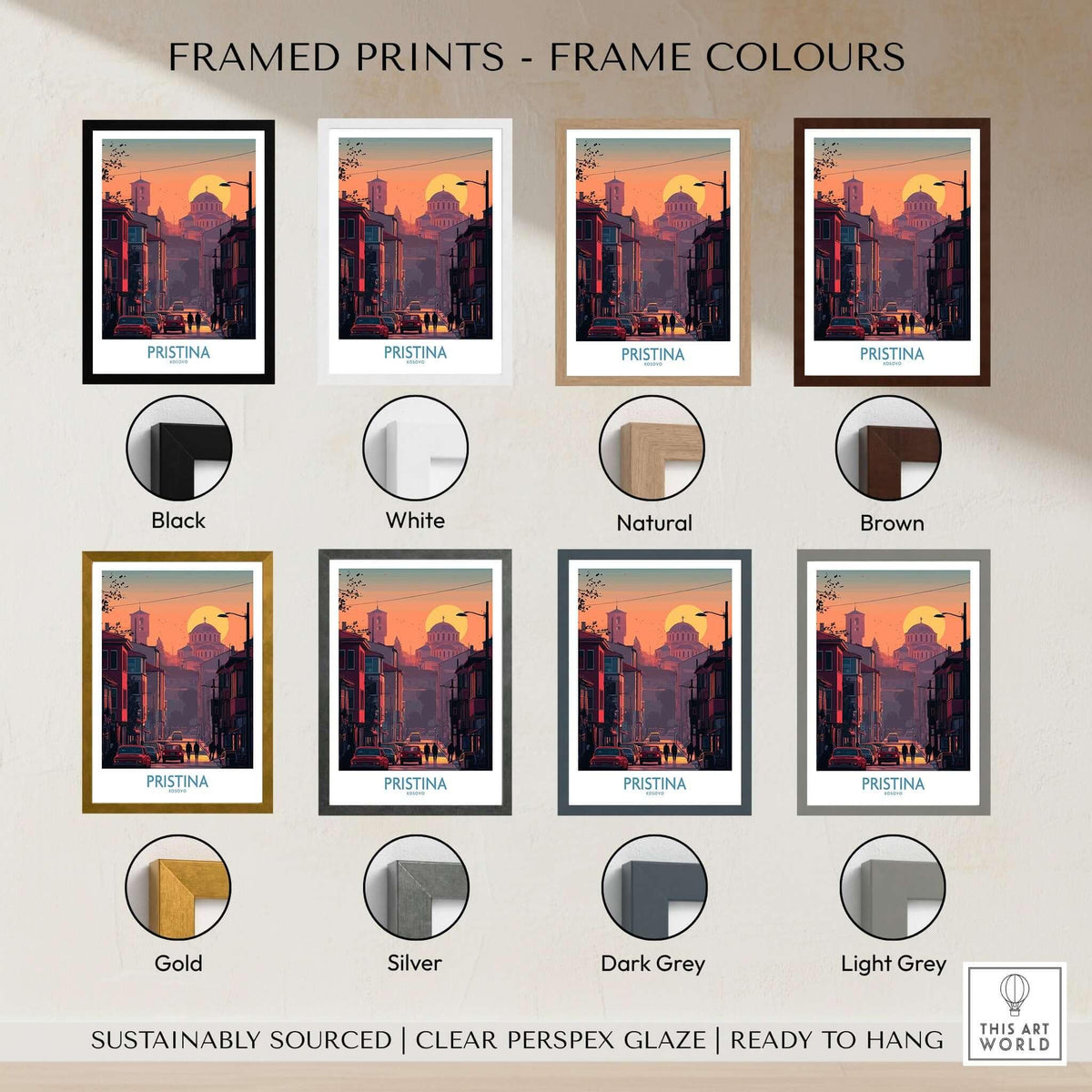Pristina Kosovo Street Sunset Art Print | Christ the Saviour Church Poster framed print color options display.