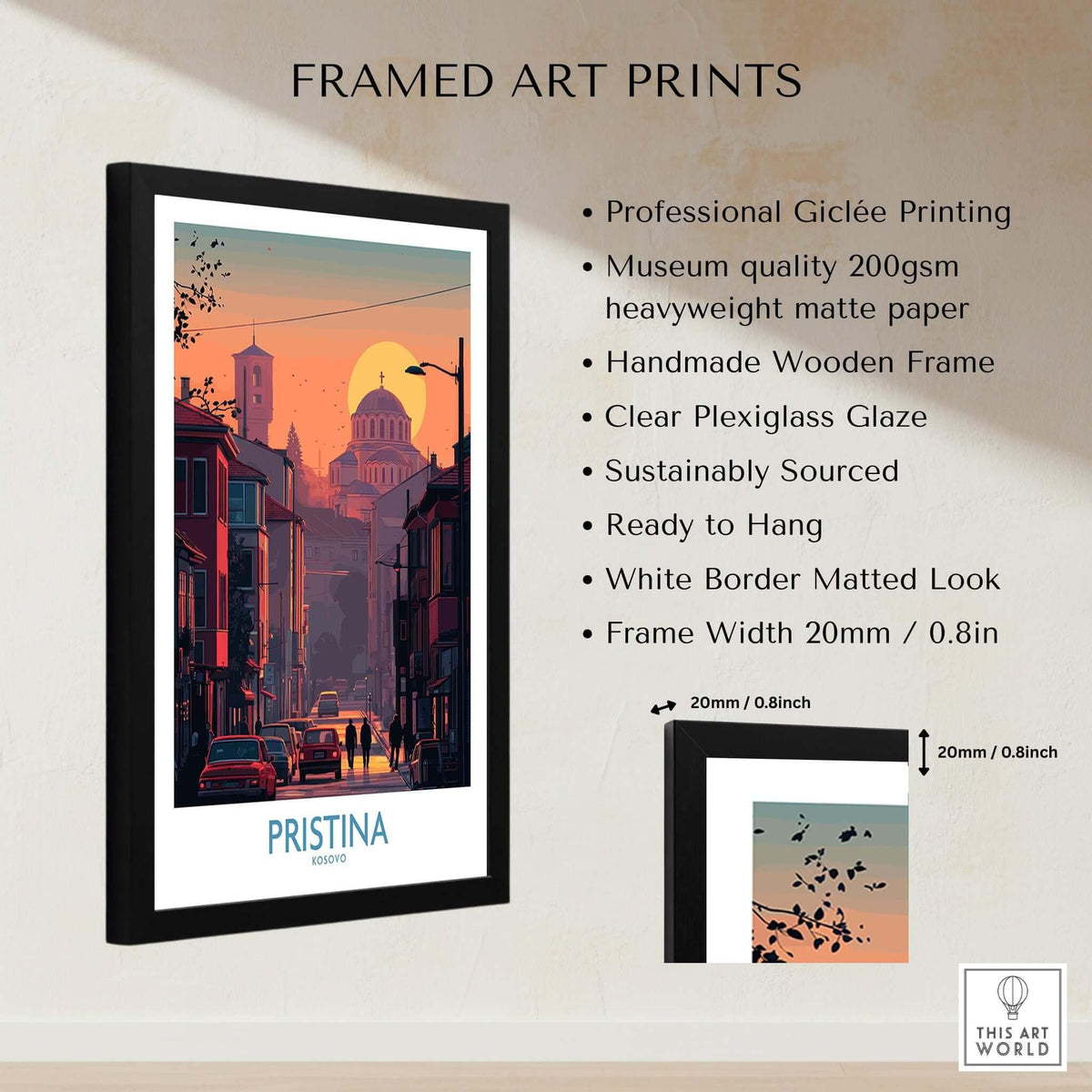 Pristina Kosovo Street Sunset Art Print | Christ the Saviour Church Poster displayed in a framed art print format.