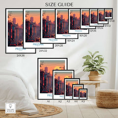 Pristina Kosovo Street Sunset Art Print | Christ the Saviour Church Poster size guide showcasing various frame sizes.