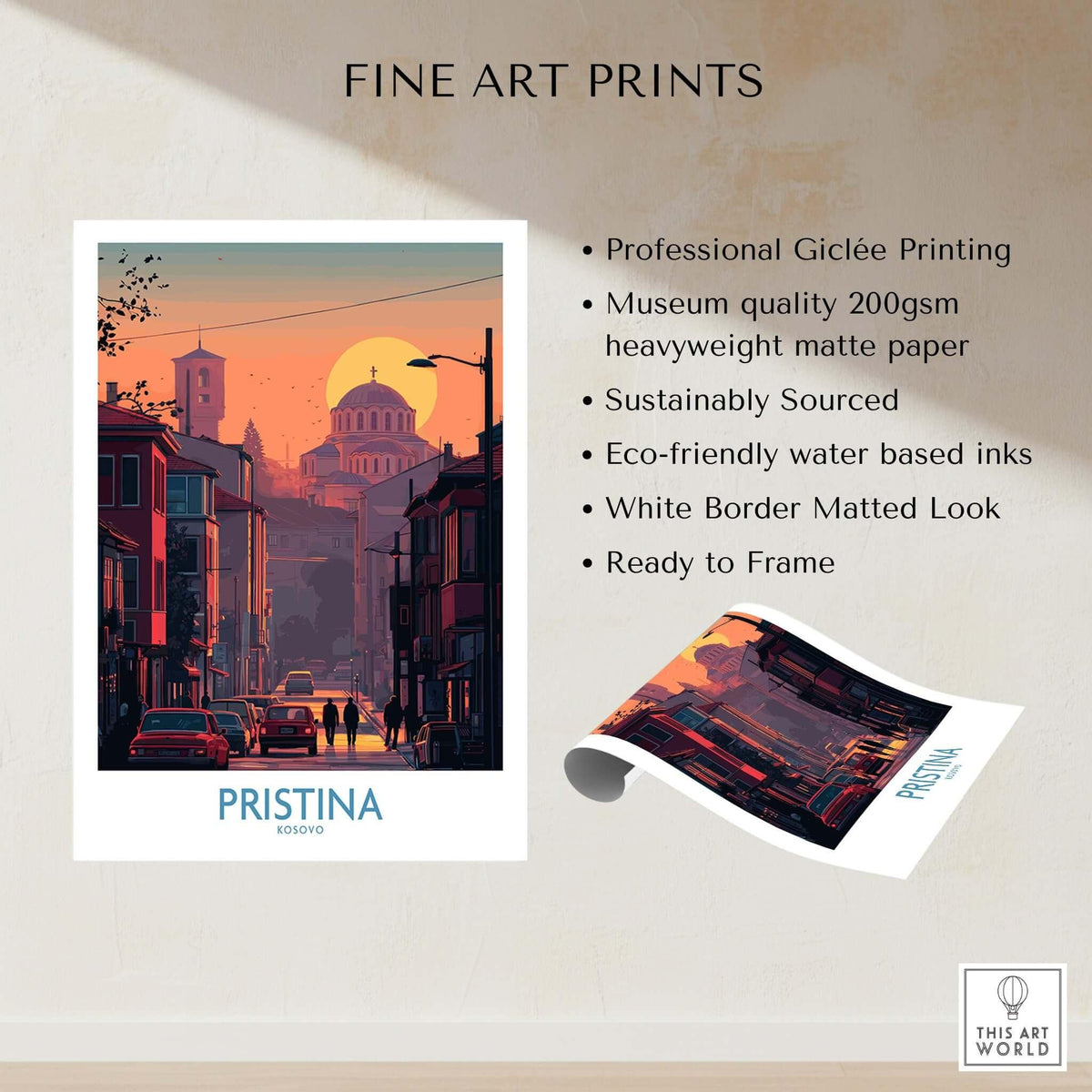 Pristina Kosovo Street Sunset Art Print | Christ the Saviour Church Poster showcasing a vibrant sunset over the city.