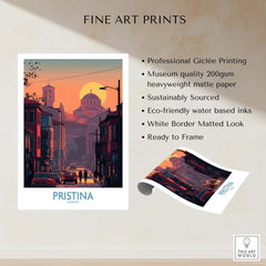 Pristina Kosovo Street Sunset Art Print | Christ the Saviour Church Poster showcasing stunning Giclée print quality.