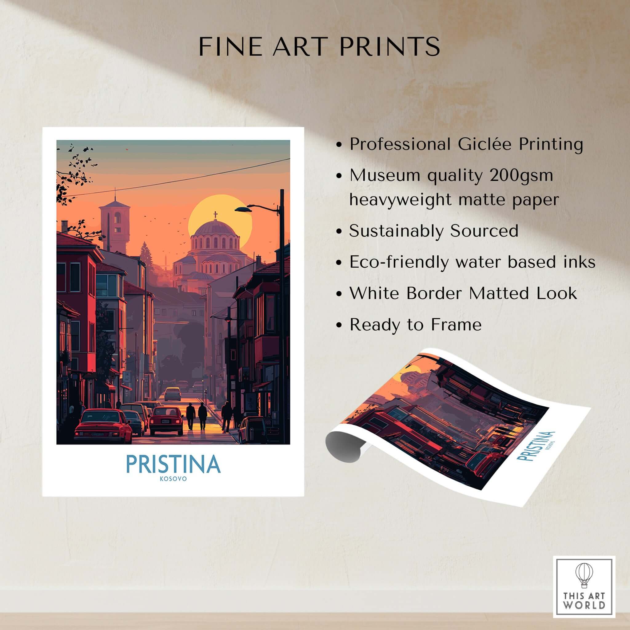 Pristina Kosovo Street Sunset Art Print | Christ the Saviour Church Poster showcasing stunning Giclée print quality.