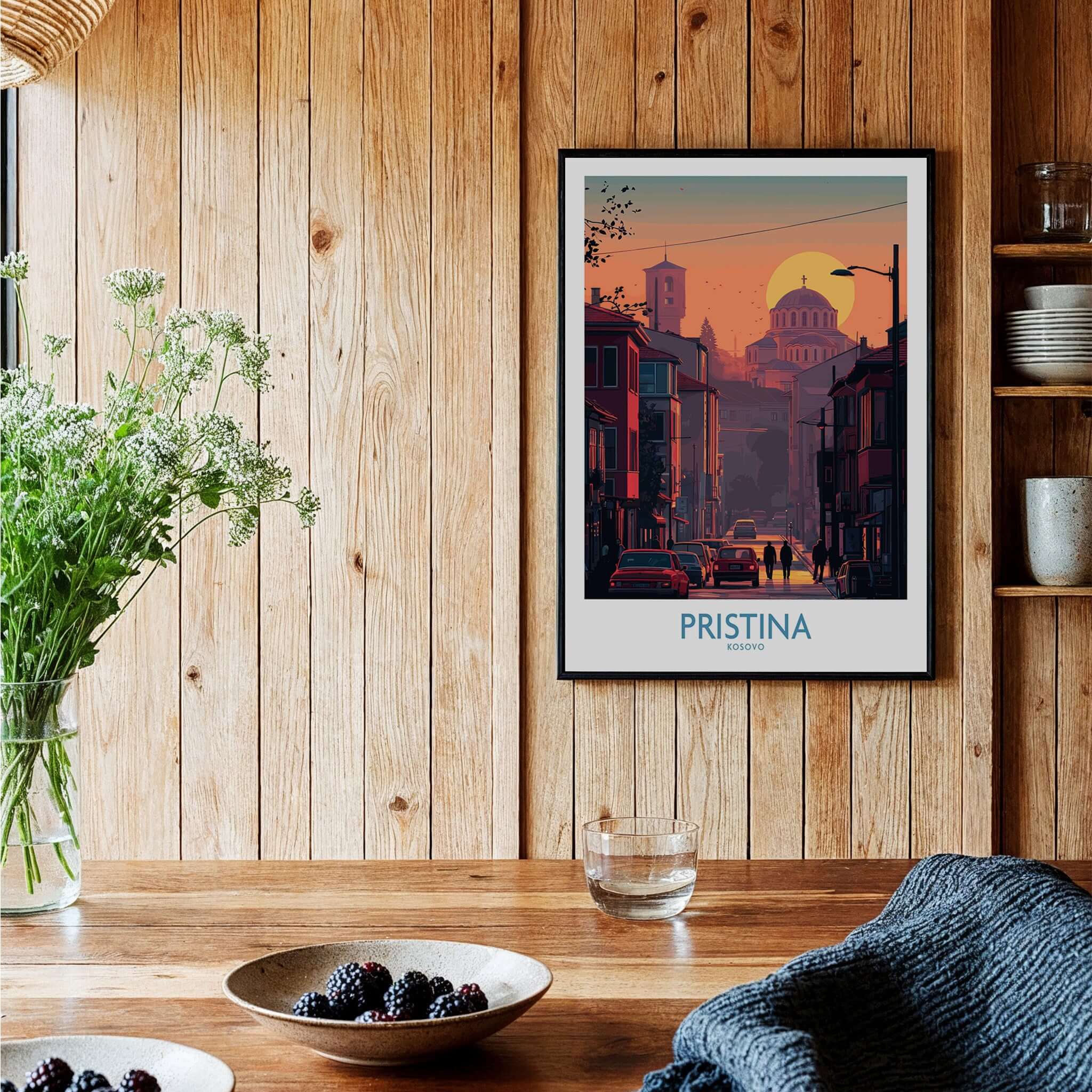 Pristina Kosovo Street Sunset Art Print | Christ the Saviour Church Poster displayed in a cozy interior setting.