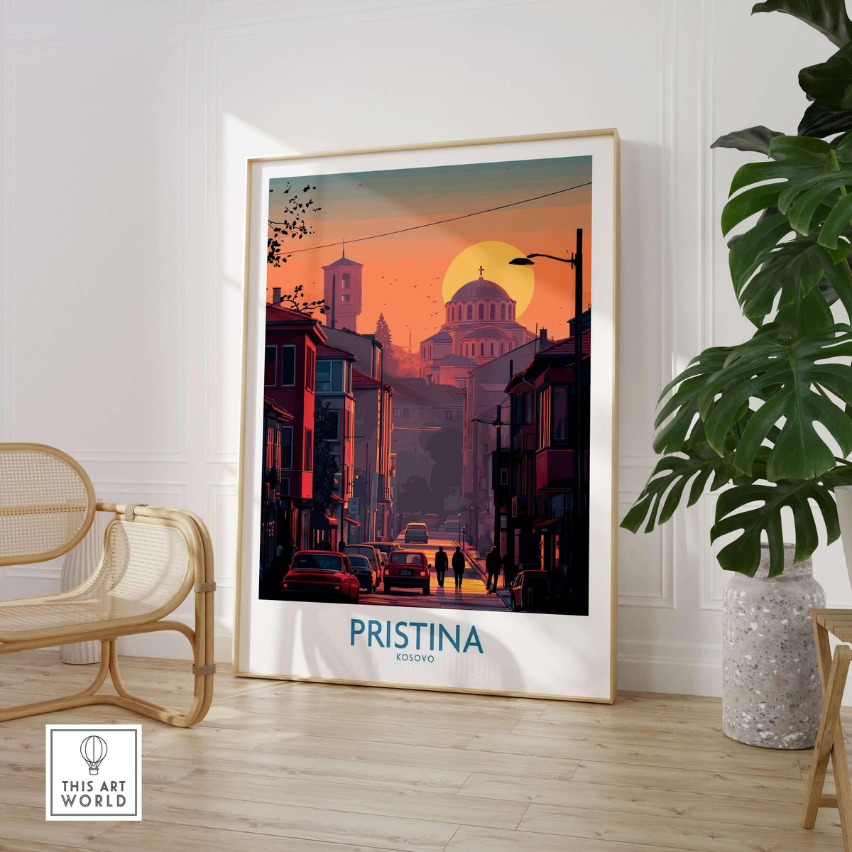 Pristina Kosovo Street Sunset Art Print | Christ the Saviour Church Poster displayed in a modern home setting.