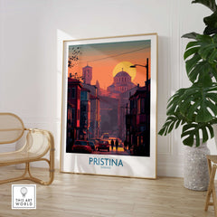 Pristina Kosovo Street Sunset Art Print | Christ the Saviour Church Poster showcasing urban landscape at dusk.