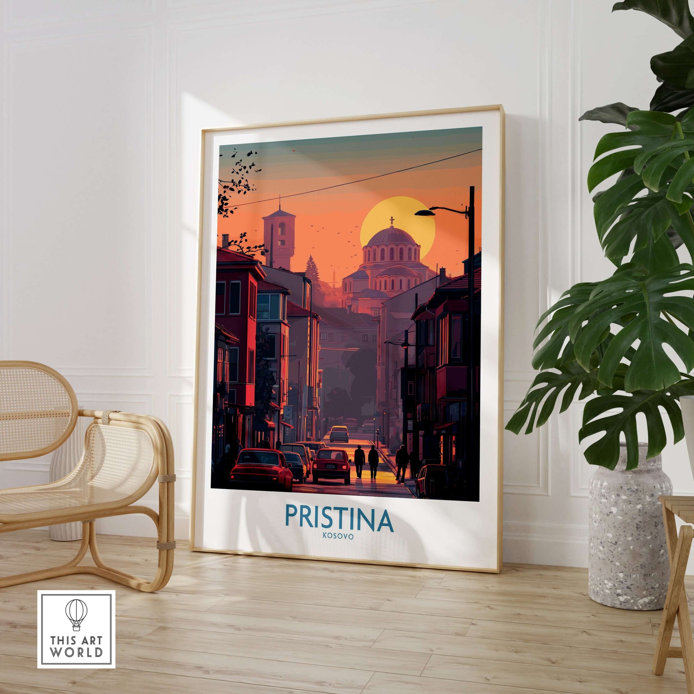 Pristina Kosovo Street Sunset Art Print | Christ the Saviour Church Poster showcasing urban landscape at dusk.
