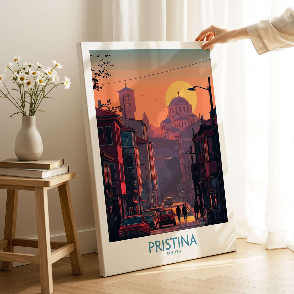 Pristina Kosovo Street Sunset Art Print | Christ the Saviour Church Poster displayed in a cozy room.