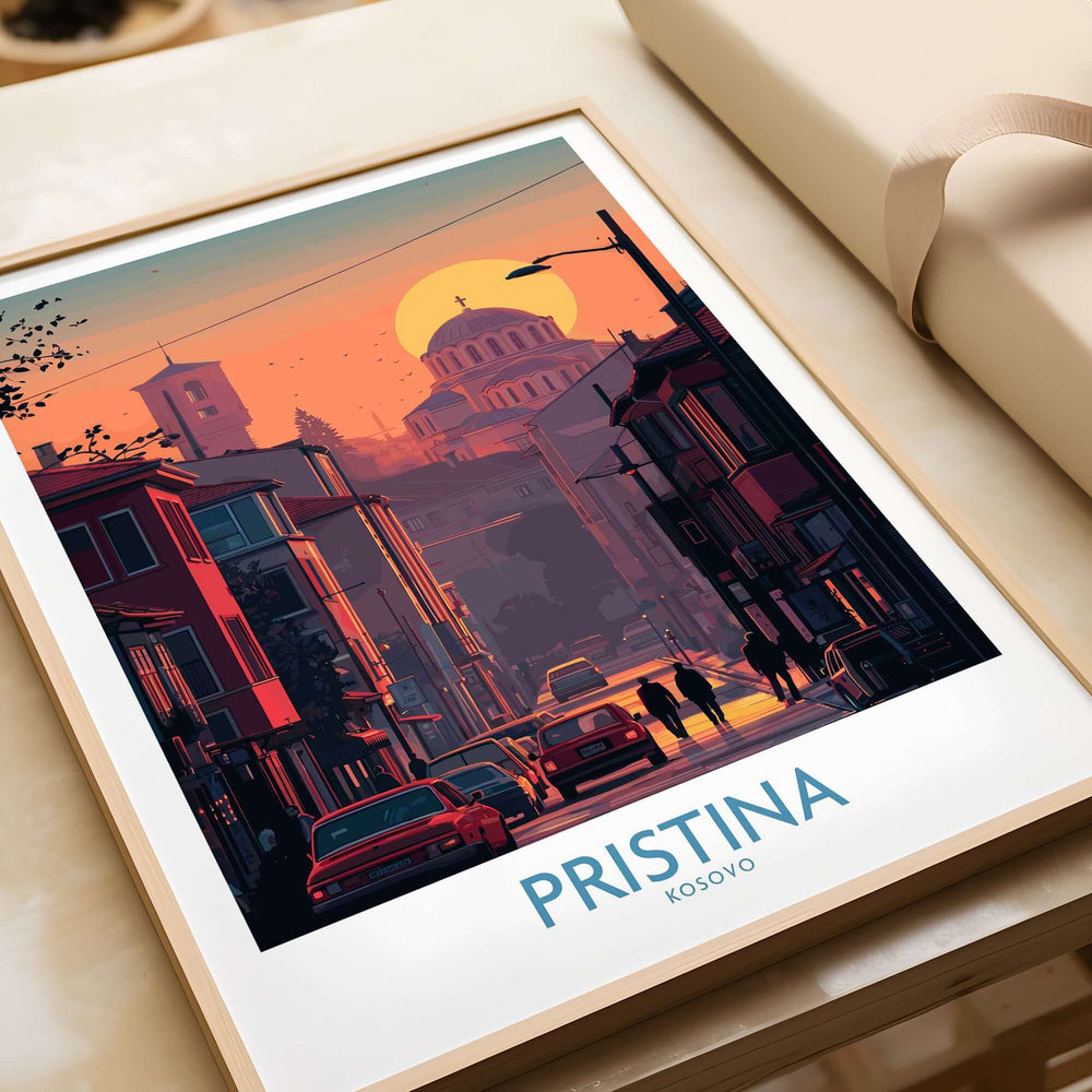 Pristina Kosovo Street Sunset Art Print | Christ the Saviour Church Poster showcasing an orange sunset over urban streets.