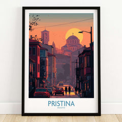 Pristina Kosovo Street Sunset Art Print | Christ the Saviour Church Poster featuring evening glow and urban streets