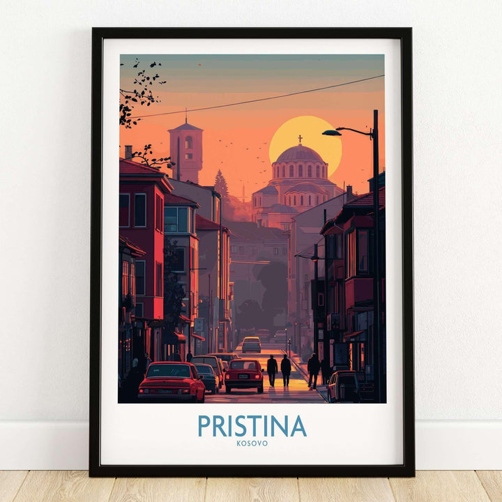 Pristina Kosovo Street Sunset Art Print | Christ the Saviour Church Poster showcasing a sunset over city streets.