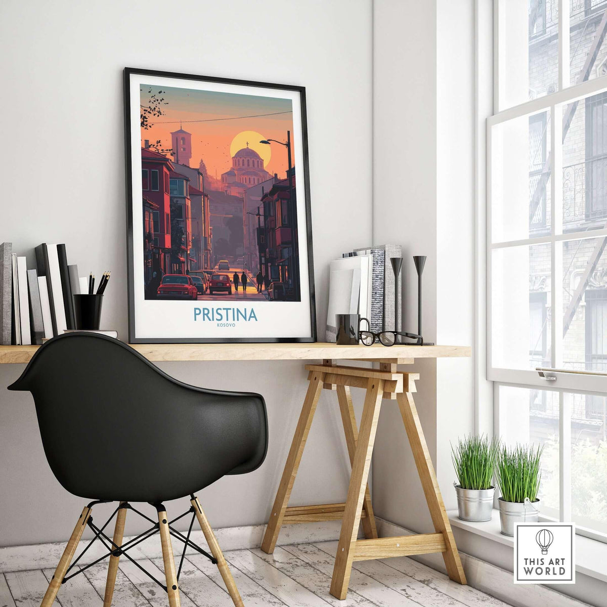 Pristina Kosovo Street Sunset Art Print | Christ the Saviour Church Poster displayed in a stylish interior office setting.