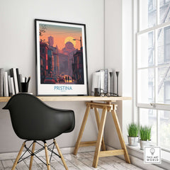 Pristina Kosovo Street Sunset Art Print | Christ the Saviour Church Poster displayed in a modern workspace.