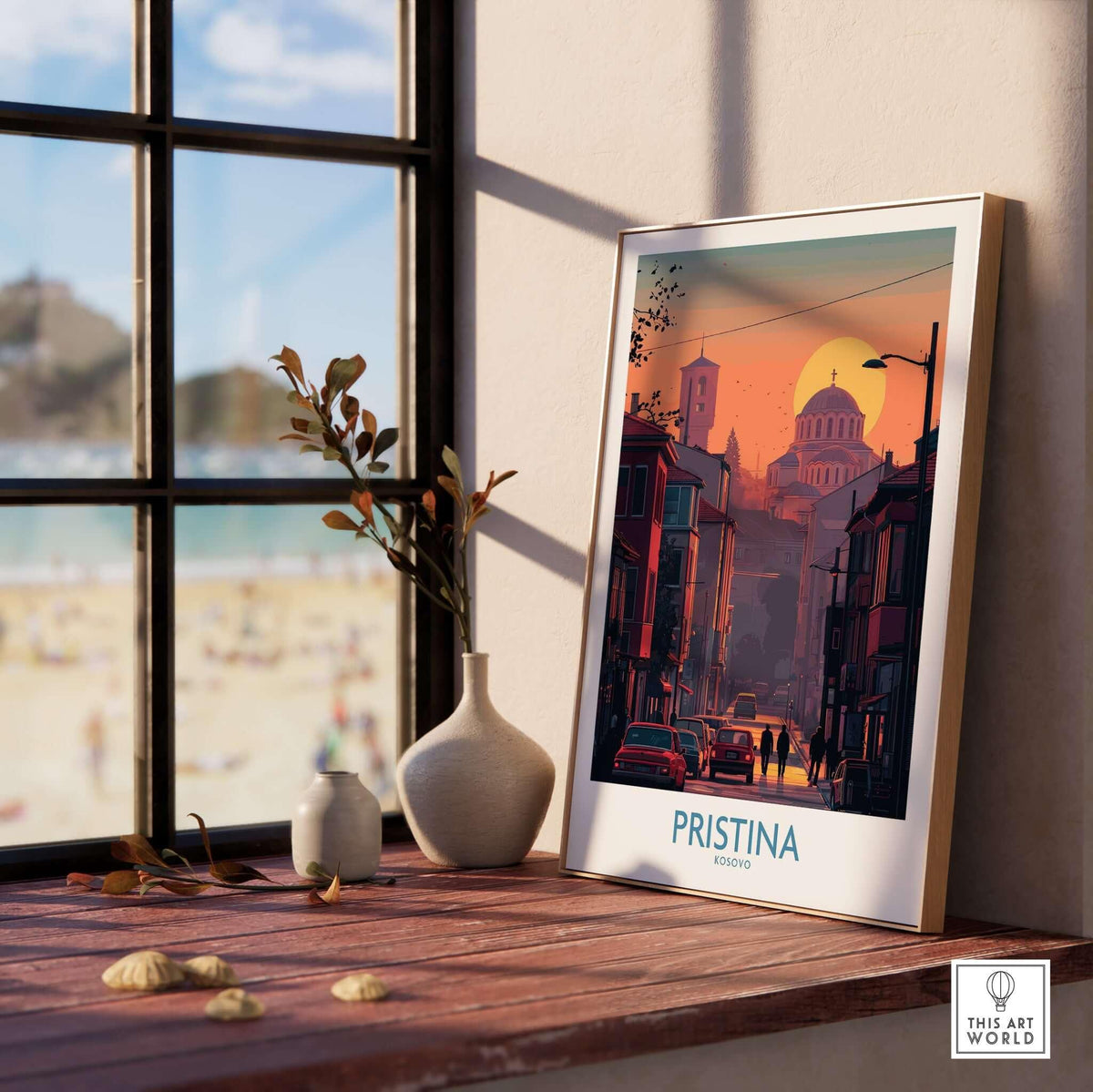 Pristina Kosovo Street Sunset Art Print | Christ the Saviour Church Poster displayed in a cozy setting near a window.