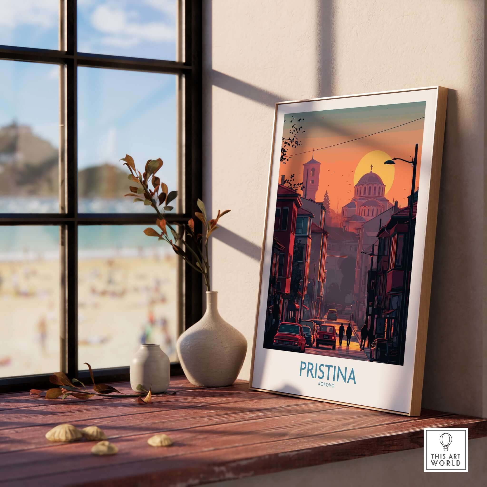 Pristina Kosovo Street Sunset Art Print | Christ the Saviour Church Poster in a cozy home setting with sunlit window.